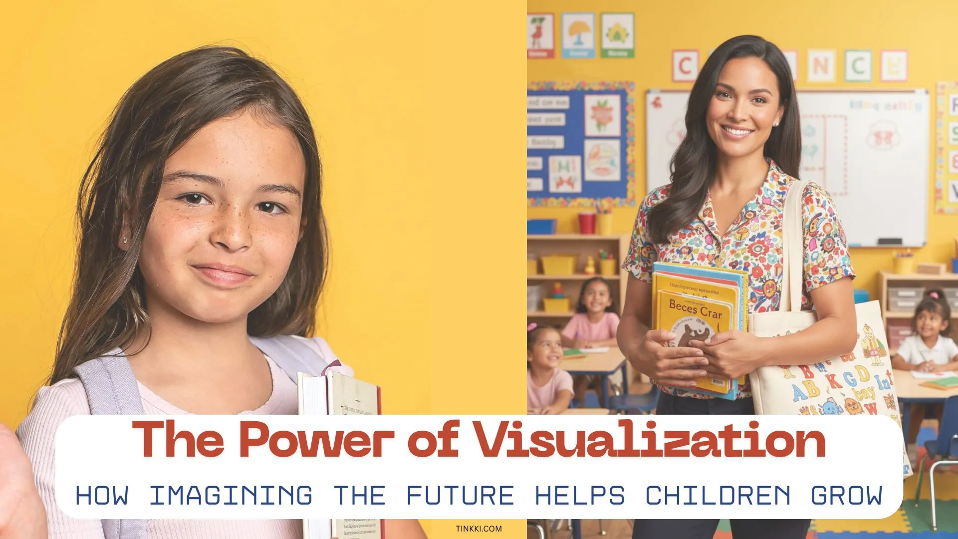 Jana 7yo girl on the left said said "When I grow up I want to be a kindergarten teacher" while on the right side there is her in actual her dream job role.